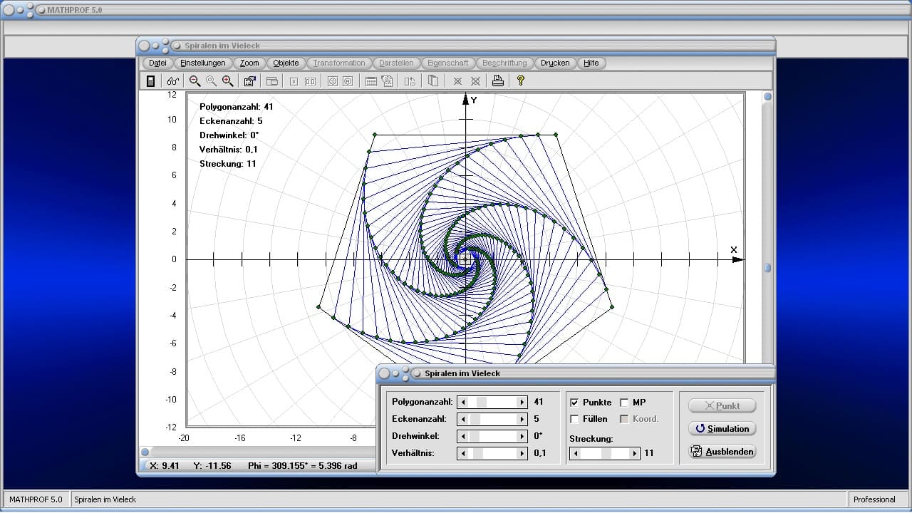 Spiralen im Vieleck - Bild 1 - Käferproblem - Käferbahn - Spiralen - Verfolgung - Verfolgungsproblem - Darstellen - Plotten - Graph - Rechner - Berechnen - Grafisch - Zeichnen - Plotter