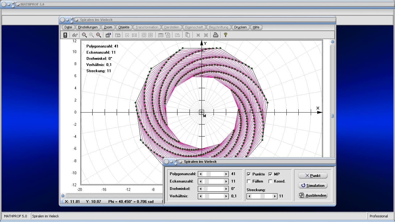 Spiralen im Vieleck - Bild 2 - Käferproblem - Käferbahn - Spiralen - Verfolgung - Verfolgungsproblem - Darstellen - Plotten - Graph - Rechner - Berechnen - Grafik - Zeichnen - Plotter