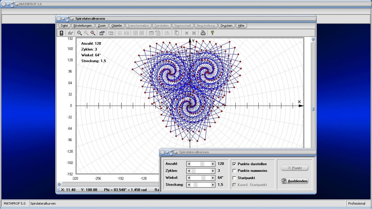 Spirolateralkurven - Bild 1 - Spirolaterale - Darstellen - Graph - Spirolateral - Streckenzug - Polygonzug - Spiralen - Zyklen - Zeichnen - Berechnen - Winkel - Turtle - Grafisch - Plotter - Darstellen
