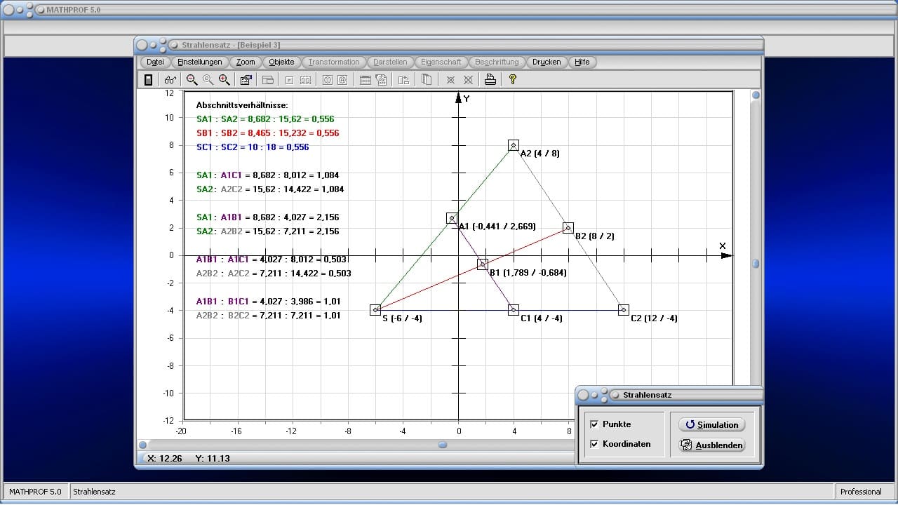 Strahlensatz  - Bild 1 - Strahlensatz - Strahlensätze - Strecken - Verhältnisse - Strahl - Dreieck - Längenverhältnis - Länge - Streckenverhältnisse - Verhältnisgleichung - Streckenberechnung - Strahlensatzfigur - Bild - Darstellen - Plotten - Graph - Rechner - Berechnen - Grafik - Zeichnen - Plotter