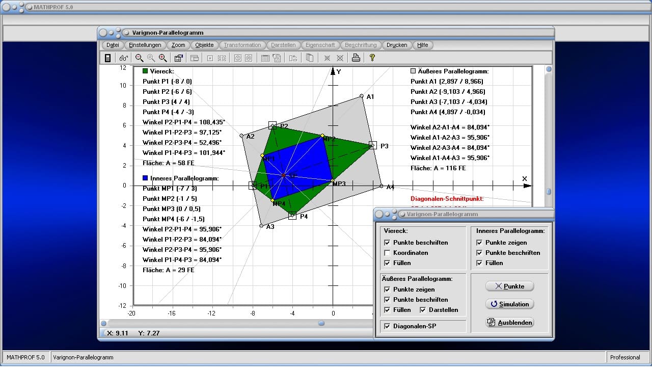 Varignon-Parallelogramm - Bild 1 - Satz vom Mittenviereck - Theorem - Mittenviereck - Seitenmittenviereck - Seitenmitten - Bild - Darstellen - Plotten - Graph - Rechner - Berechnen - Grafik - Zeichnen - Plotter