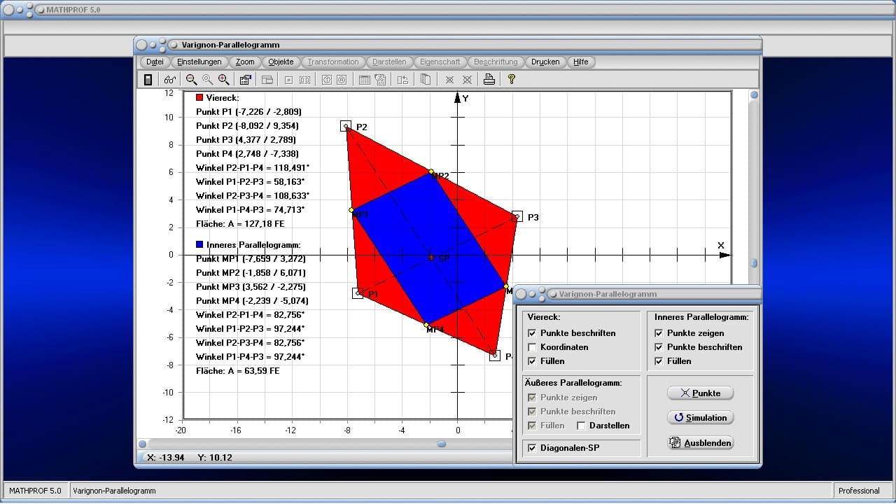 Varignon-Parallelogramm - Bild 2 - Satz vom Mittenviereck - Theorem - Mittenviereck - Seitenmittenviereck - Seitenmitten - Bild - Darstellen - Plotten - Graph - Rechner - Berechnen - Grafik - Zeichnen - Plotter