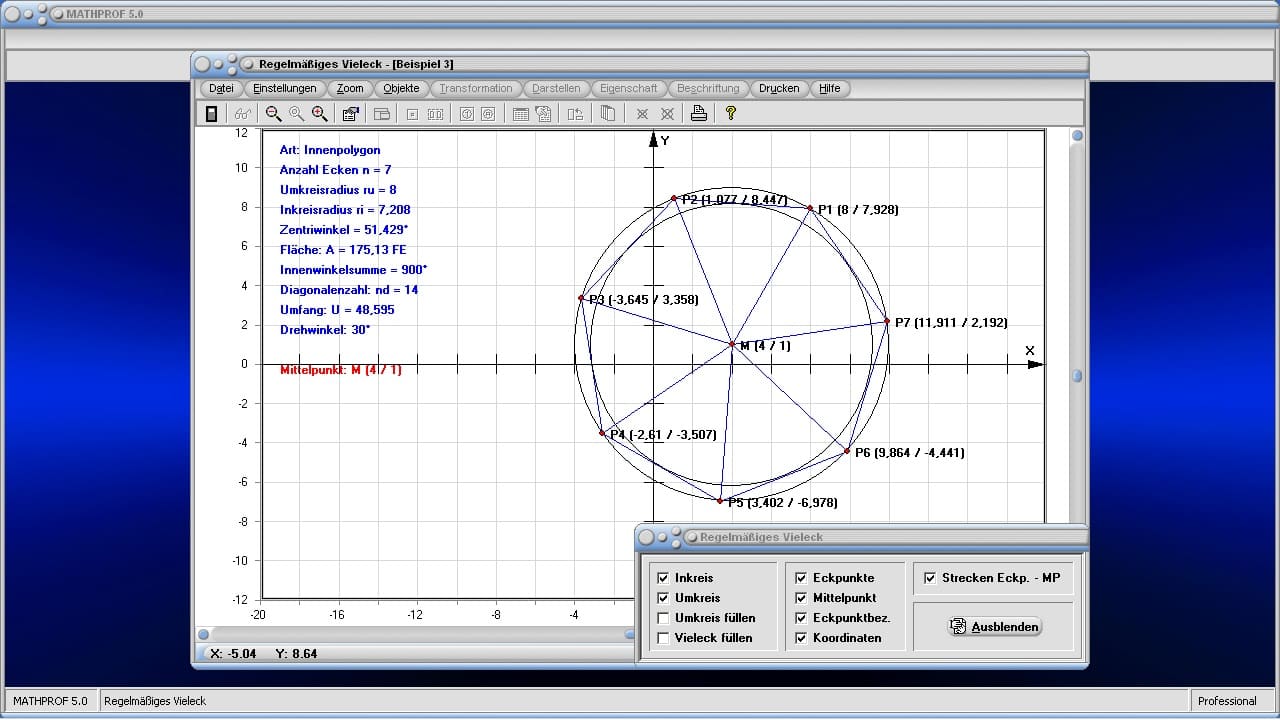 Vieleck - Bild 1 - Regelmäßiges N-Eck - Regelmäßige Vielecke - Reguläres Vieleck - Rechner - Radius - Umfang - Inkreis - Diagonalen - Flächeninhalt - Fläche - Umkreis - Winkelsumme - Basiswinkel - Eigenschaften - Mittelpunkt - Zentriwinkel - Winkel - Innenwinkel - Ecken - Eckpunkte - Eckenmaß - Punkte - Bild - Grafik - Beispiel - Aufgabe - Zeichnen - Berechnen - Plotten
