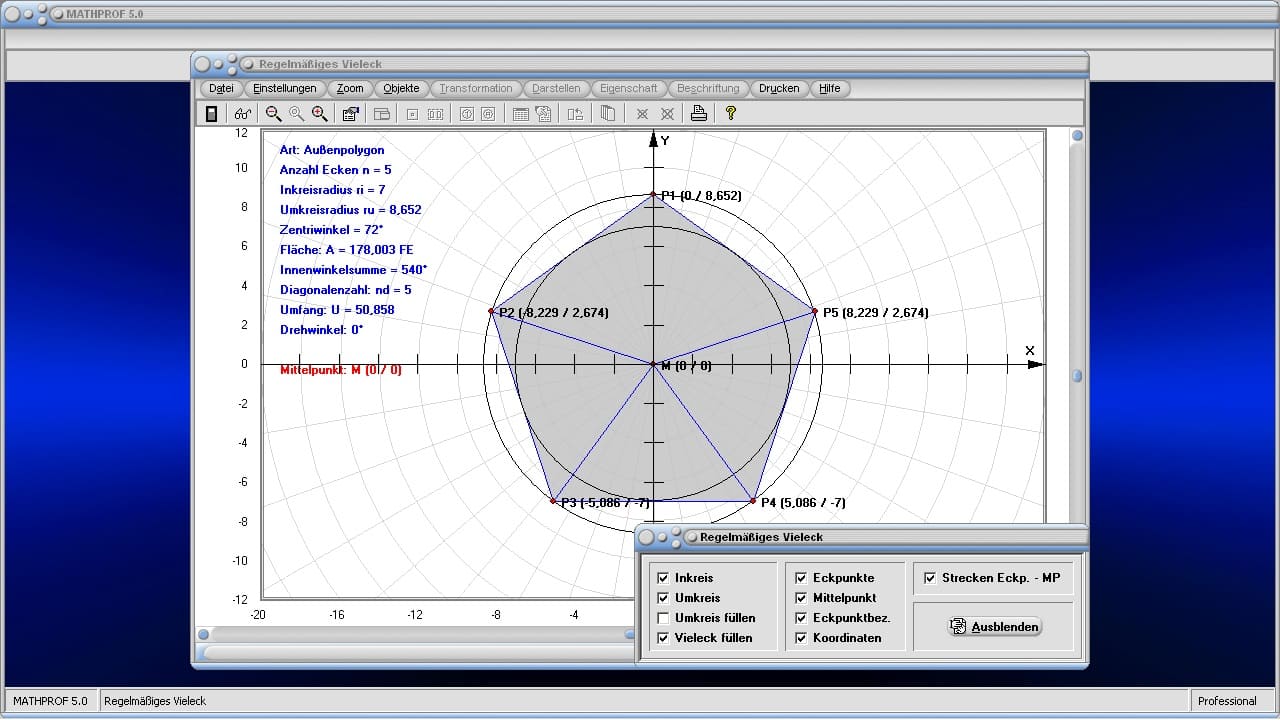 Vieleck - Bild 2 - Gleichseitiges Vieleck - Regelmäßiges Polygon - Fläche - Inkreis - Innenwinkelsummes - Inkreisradius - Seitenlänge - Diagonalen - Darstellen - Plotten - Graph - Rechner - Berechnen - Grafik - Zeichnen - Plotter