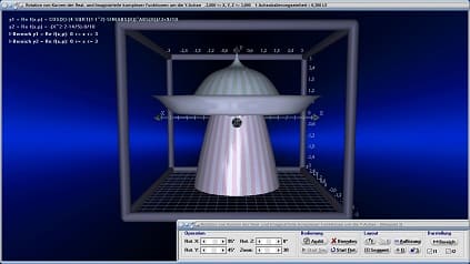 Komplex - Realteil - Imaginärteil - Rotationskörper - y-Achse - Drehkörper - Dreidimensional - Simulation - Rotation - Animation - Simulation - Integralrechnung - Rotationsintegral - Statisches Moment - Volumen - Rotationsvolumen - Mantelfläche - Mantel - Grafisch - Bilder - Plot - Darstellung - Drehung - Drehachse - Plotter - Rechner - Berechnen