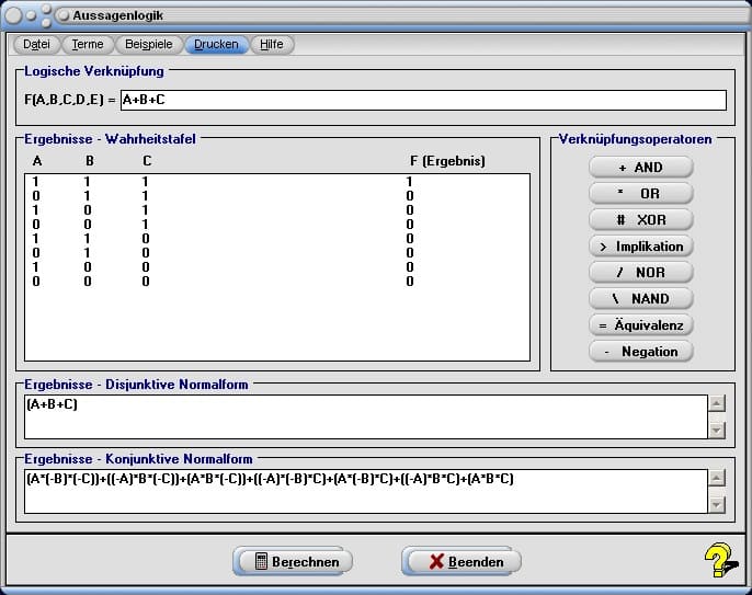 Aussagenlogik - Bild 1 - Aussagenalgebra - Aussagen - Logik - Tabelle - Wahrheitstafel - Wahrheitstabelle - Digitaltechnik - Logische Verknüpfungen - Logische Operatoren - Logische Zeichen - Logische Symbole - Logische Aussagen - Logische Bedingungen - Logische Gleichungen - Verknüpfungen - Funktionstabelle - Rechner - Berechnen