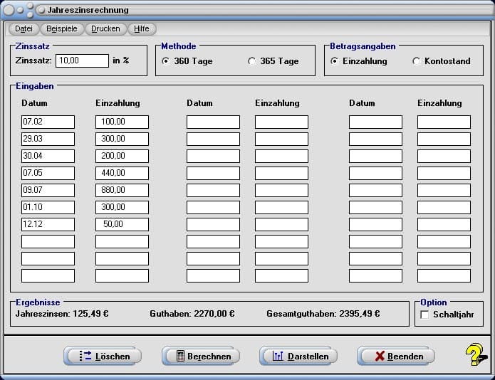 Jahreszinsrechnung - Bild 1 - Jahreszins - Programm - Finanzen - Jahreszins - Zinssatz - Guthaben - Kapital - Zins - Kontostand - Konto - Einzahlung - Verzinsung - Rechner - Berechnen - Berechnung