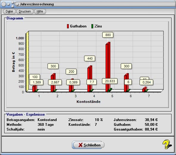 Jahreszinsrechnung - Bild 2 - Jahreszins - Berechnungsprogramm - Finanzen - Zinssatz - Guthaben - Kapital - Zins - Kontostand - Konto - Einzahlung - Verzinsung - Plotten - Diagramm - Graph - Darstellen
