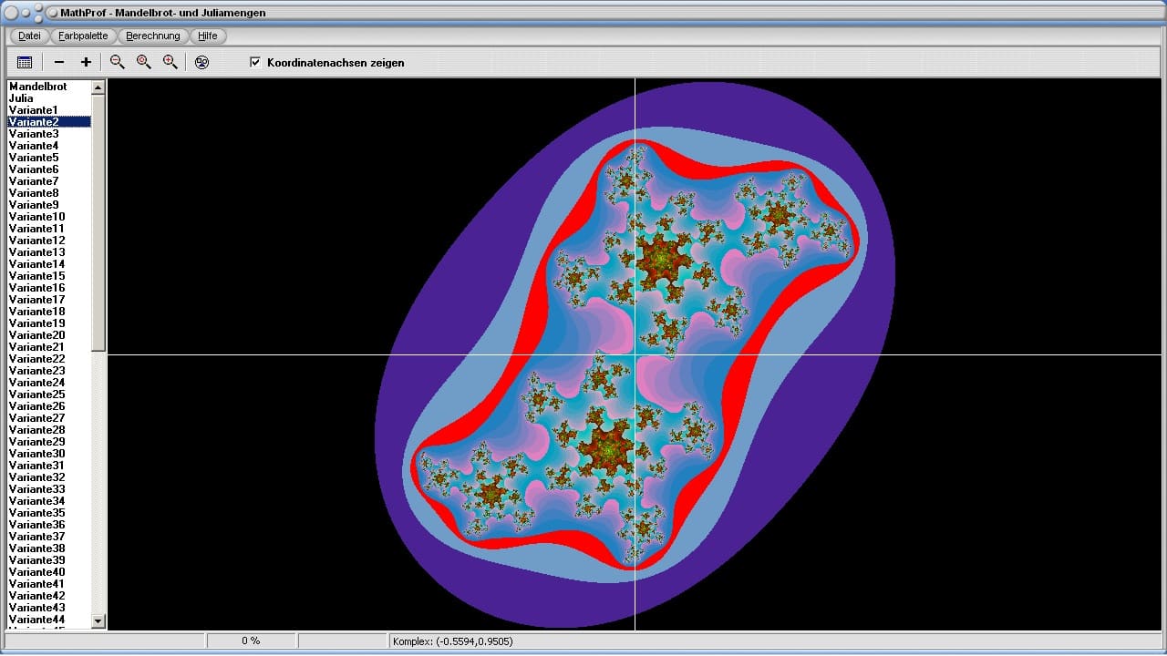 Juliamengen und Mandelbrotmengen - Bild 1 - Mandelbrot - Fraktale - Apfelmännchen - Julia-Menge - Mandelbrot-Menge - Mandelbrot-Set - Mandelbrot-Generator - Programm - Chaos - Chaostheorie - Chaotisches System - Fraktale erstellen - Fraktale zeichnen - Fraktalbilder - Grafisch - Animation - Plotten