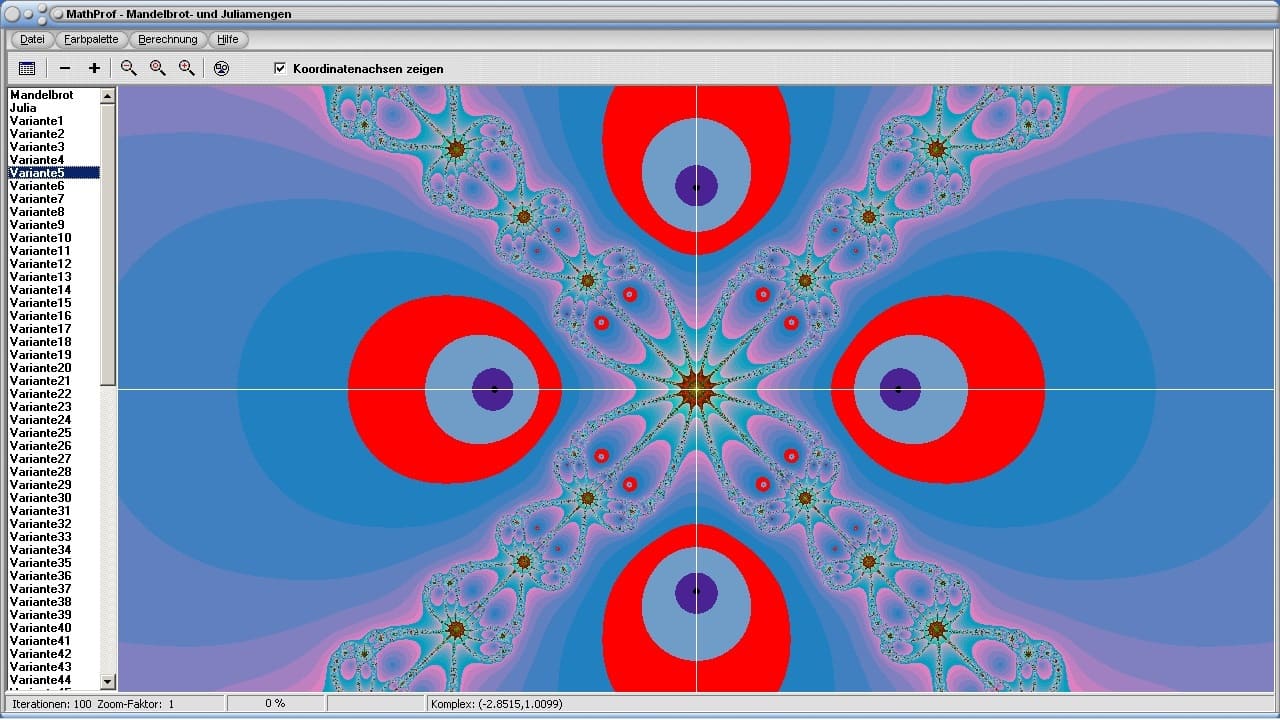 Juliamengen und Mandelbrotmengen - Bild 2 - Mandelbrot - Zoom - Komplexe Zahlen - Formel - Rechner - Berechnen - Zeichnen - Funktionen - Eigenschaften - Graph - Gleichung - Plotten - Iteration - Konstante - Viewer - Zoom - Bilder - Strukturen - Fraktal - Grafik - Animation