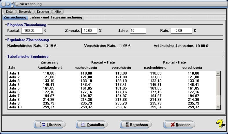 Zinsrechnung - Bild 1 - Zinssatz - Zins - Jahreszinsrechnung - Tageszinsrechnung - Zinseszins - Zinsrechnung für Tage - Zinsrechnung für Monate - Zinsrechnung für Jahre - Kapital - Lineare Verzinsung - Zins vorschüssig - Zins nachschüssig - Vorschüssige Zinsen - Nachschüssige Zinsen - Zinsertrag - Endsaldo - Tageszinsen - Jahreszinsen - Jährliche Verzinsung - Zinsberechnung - Monatszinsen - Rechner - Tabelle