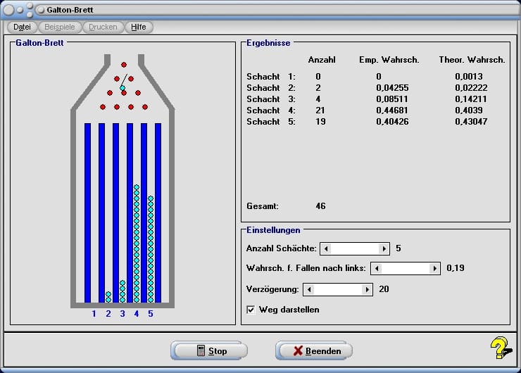 Galton-Brett - Bild 2 - Galtonbrett - Simulation - Wege - Wahrscheinlichkeit - Erwartungswert - Grafik - Darstellung - Berechnung - Simulator - Darstellen - Möglichkeiten - Anzahl - Wege - Rechner - Aufbau - Bernoulli - Ergebnisse - Ergebnismenge - Funktion - Berechnen - Auswertung - Auswerten - Zufall - Zufallsexperiment  - Graph - Rechner