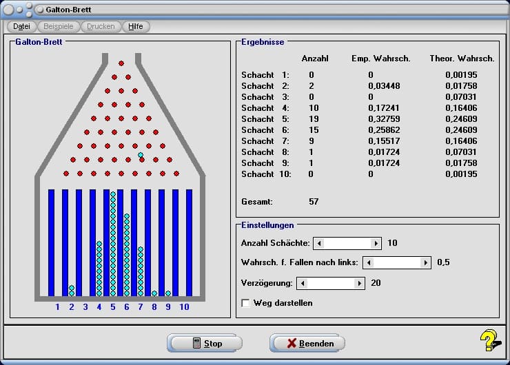 Galton-Brett - Bild 1 - Galtonbrett - Galton board - Galtonsches Nagelbrett - Galtonsches Brett - Nagelbrett - Spiel - Empirische Wahrscheinlichkeit - Theoretische Wahrscheinlichkeit - Binomialverteilung - Bernoulli - Bild - Plotter - Stufen - Funktionsweise - Tabelle - Graph - Rechner - Animation