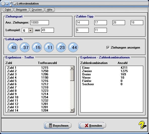 Lotto-Simulation - Bild 1 - Lotto - Simulator - Ziehung - Zufallszahlen - Lottozahlen - Zahlenlotto - Zufällige Zahl - Zufällige Lottozahlen - Lotto-Wahrscheinlichkeit - Wahrscheinlichkeit - Glücksspiel - System - Zahlenkombinationen - Rechner - Zufall - Berechnen