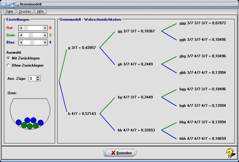 Urnenmodell - Bild 1 - Urnenmodelle - Ziehen - Ziehung - Urne - Modell - Gegenereignis - Multiplikationsregel - Kugeln ziehen - Mit Zurücklegen - Ohne Zurücklegen - Zurücklegen - Ereignis - Bild - Beispiele - Reihenfolge - Formeln - Rechner - Berechnen - Graph - Plotter - Darstellung