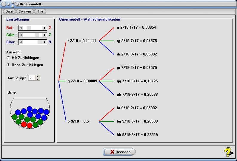 Urnenmodell - Bild 2 - Urnenmodelle - Möglichkeiten - Baumdiagramm - Einstufiges Zufallsexperiment - Wahrscheinlichkeitsbaum - Einstufiger Zufallsversuch - Mehrstufige Zufallsversuche - Mehrstufige Zufallsexperimente - Rechner - Berechnen - Graph - Plotter - Darstellung
