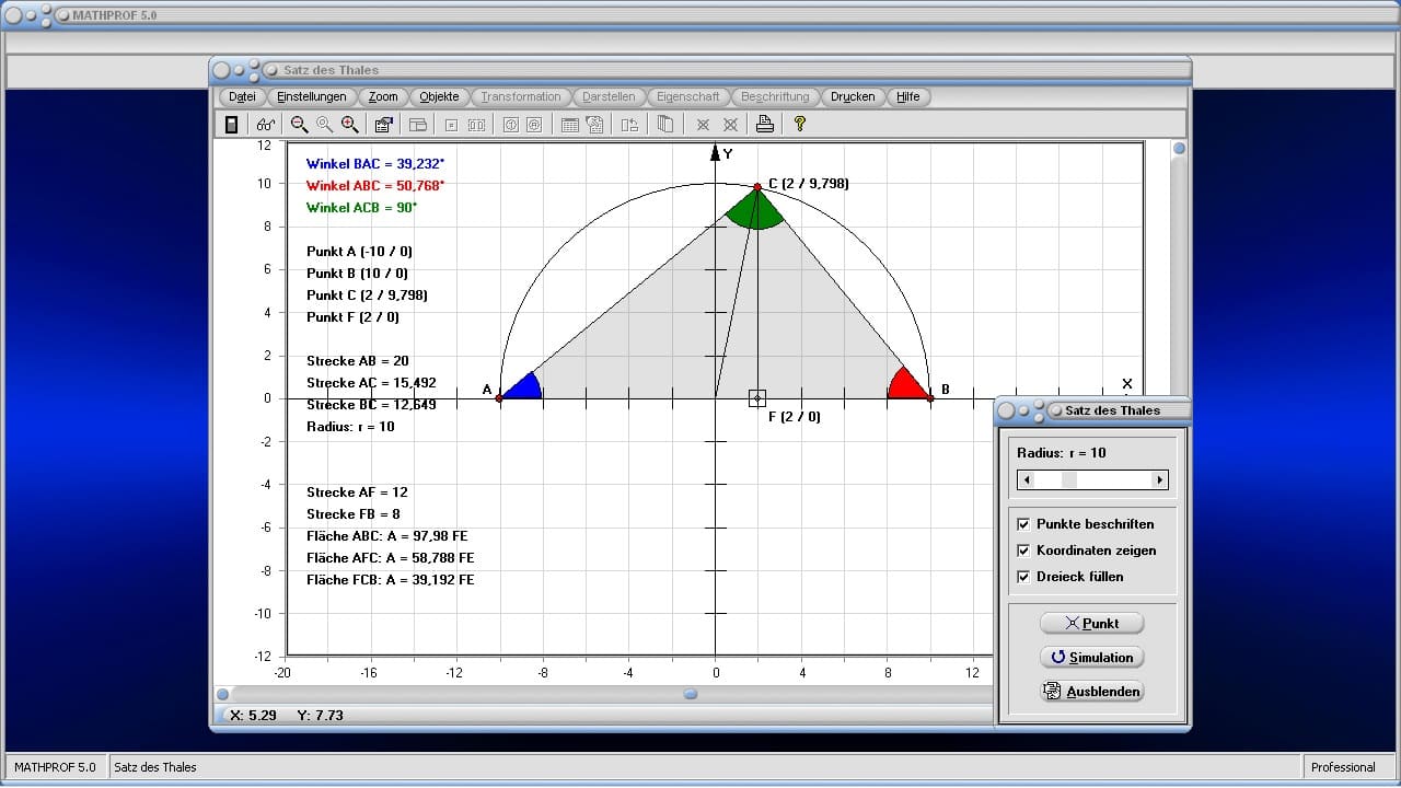 Satz des Thales - Bild 1 - Thalessatz - Thaleskreis - Halbkreis - Winkel - Beschreibung - Definition - Mittelpunkt - Eigenschaften - Höhe - Kreis - Radius - Fläche - Flächeninhalt - Rechner - Berechnen - Grafik - Zeichnen