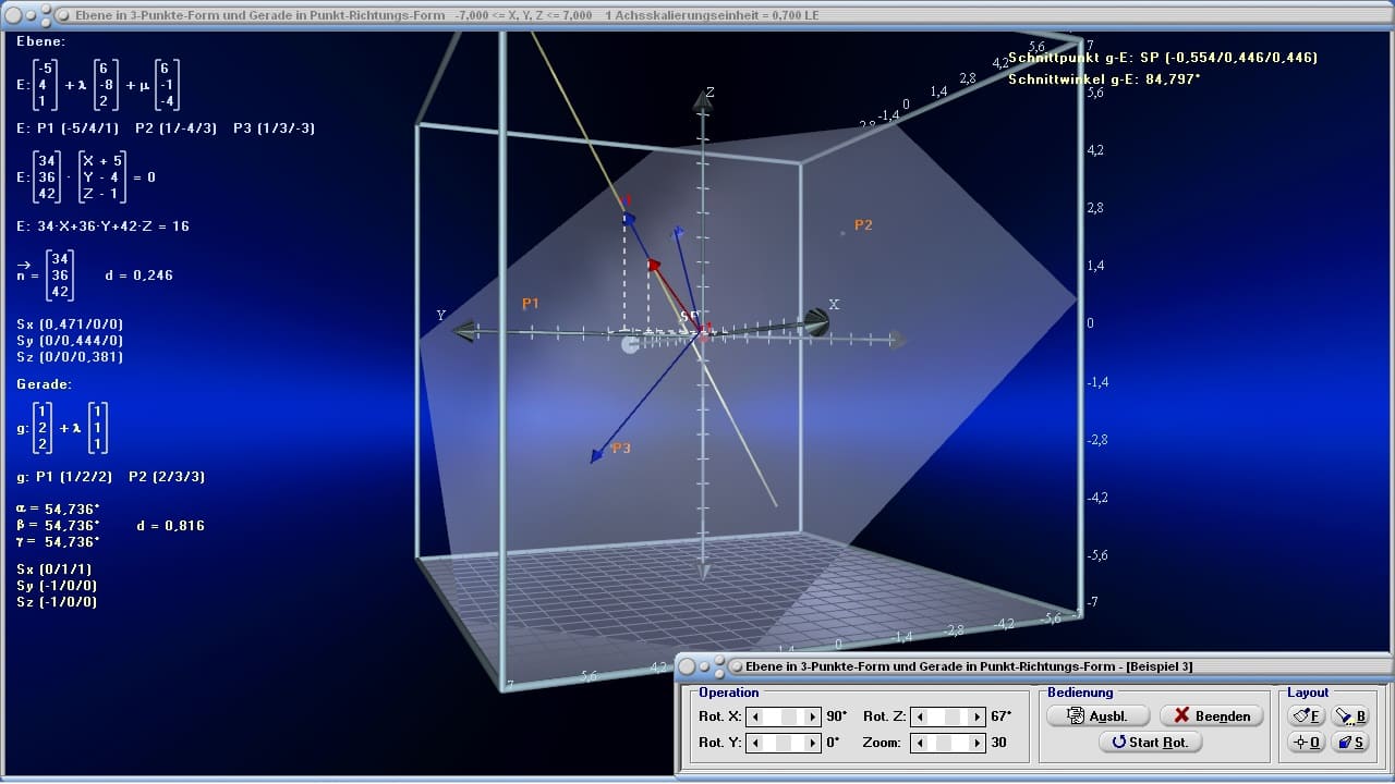 Ebenen - Bild 2 - Ebene - Gerade - Raum - 3D - Schnitt - Parallel - N-Vektor - Normalenvektor - Durchstoßpunkt - Spurpunkte - Schnittpunkt - Parameterform - Normalenform - Vektoren - Abstandsberechnung - Abstand - Bild - Darstellen - Plotten - Graph - Rechner - Berechnen - Grafik - Zeichnen - Plotter