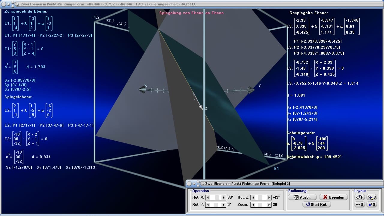 Ebenen - Bild 4 - Lagebeziehung - Ebenengleichungen - Schnitt - Schnittgerade - 3D - Schnittwinkel - Gleichung - Spiegeln - Spiegelung - Ebenenspiegelung - Lagebeziehung - Schneiden - Winkel - Windschiefe Ebenen - Abstand - Spurpunkte - Spurgerade - Spiegelebene - Spiegelung - Darstellen - Plotten - Graph - Rechner - Berechnen - Grafik - Zeichnen - Plotter