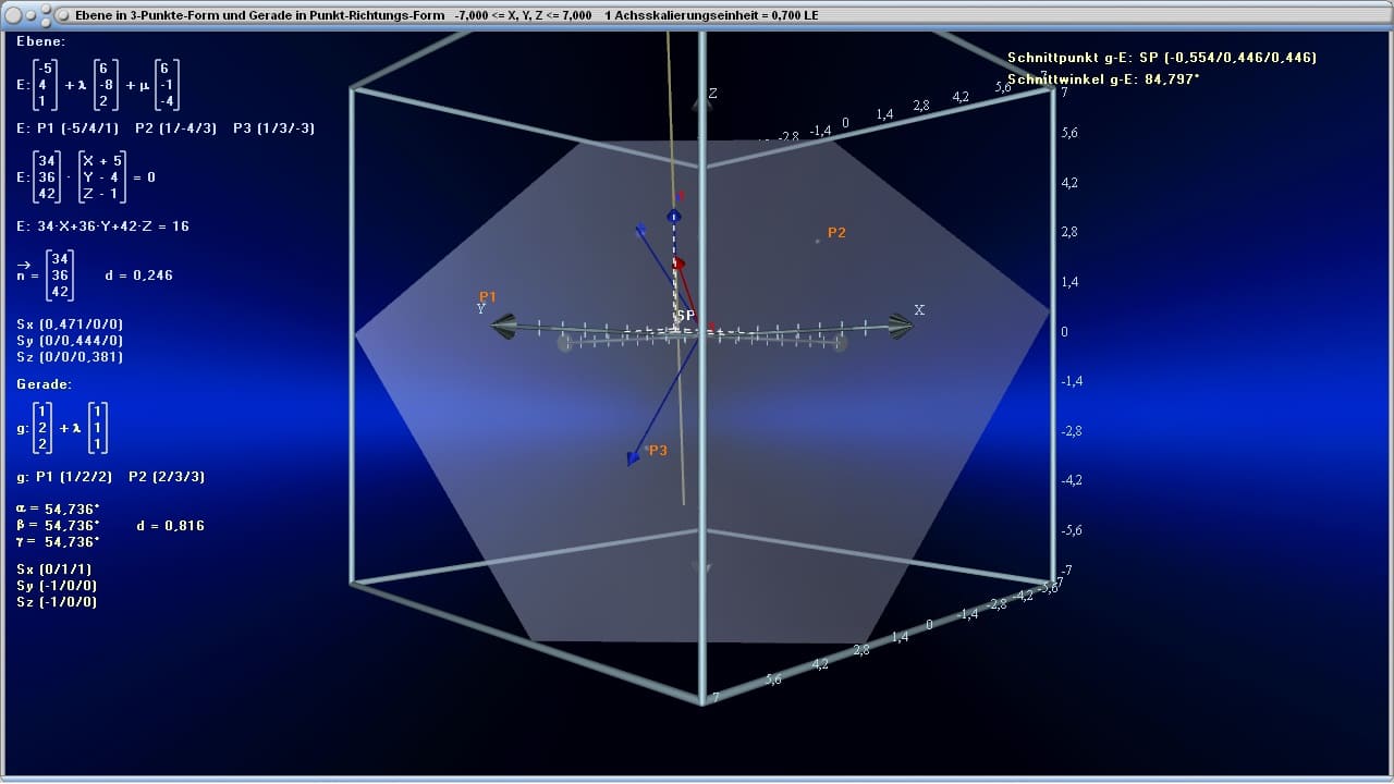 Ebenen - Bild 3 - Punkt - Abstand - Lotgerade - Gleichung - Koordinatengleichung - Lotvektor - Normalenvektor - Ebene im Raum - Formel - Winkel - Darstellen - Plotten - Graph - Rechner - Berechnen - Grafik - Plotter