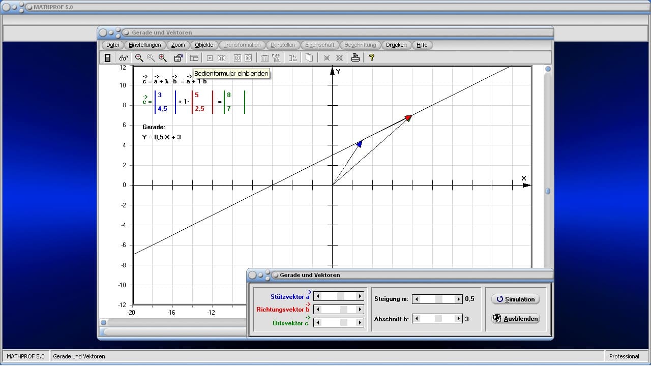 Gerade und Vektoren - Bild 1 - Vektoren zeichnen - Geradengleichung - Vektordarstellung einer Geraden - Graph - Stützvektor - Ortsvektor - Richtungsvektor - Gerade - Vektorgleichung - Vektordarstellung - Vektorielle Darstellung - Grafisch - Plotten - Darstellen - Rechner - Berechnen - Grafik - Zeichnen - Plotter