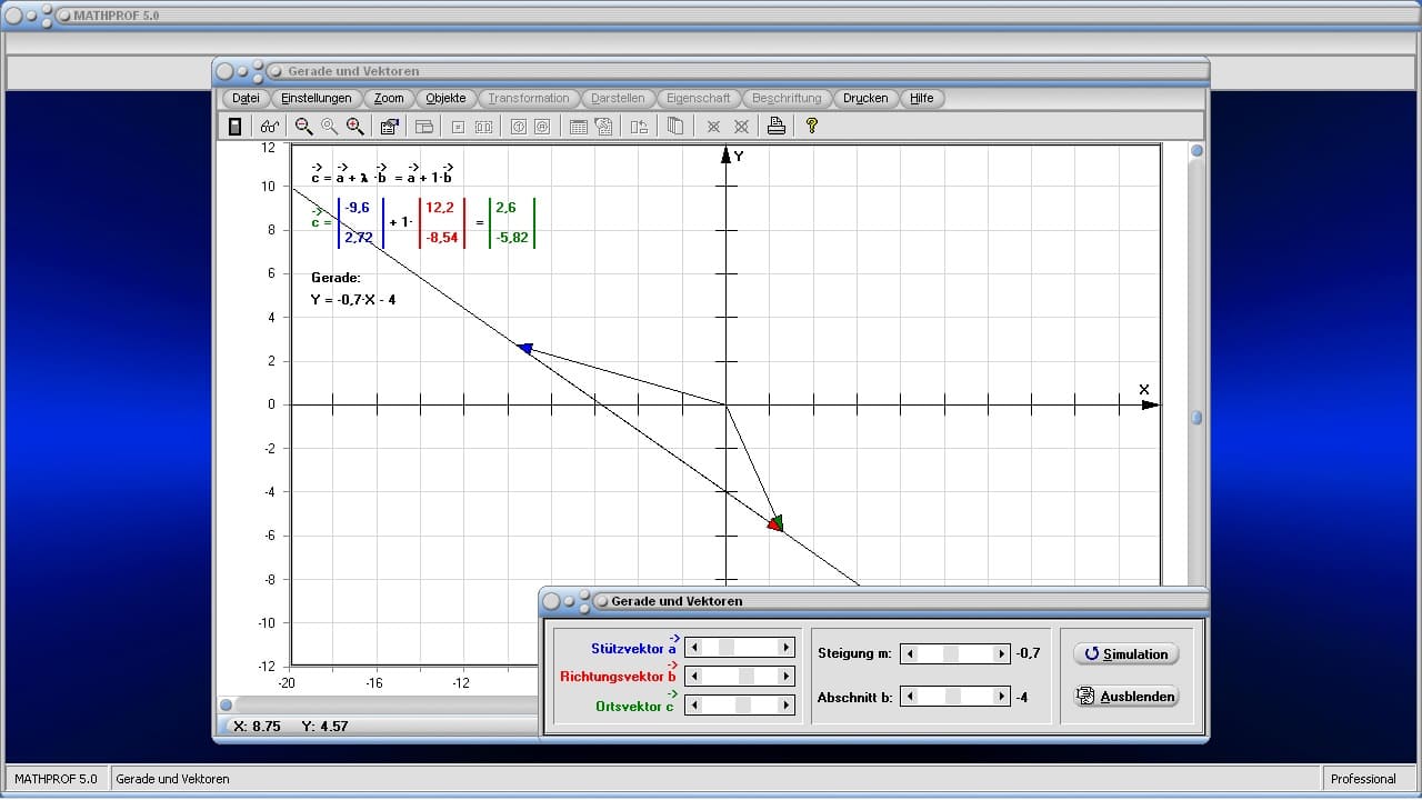 Gerade und Vektoren - Bild 2 - Vektoren - Stützvektor - Ortsvektor - Richtungsvektor - Vektorgleichung - Vektordarstellung - Vektorielle Darstellung - Grafisch - Vektorgleichung einer Geraden - Darstellen - Plotten - Graph - Rechner - Berechnen - Grafik - Zeichnen - Plotter