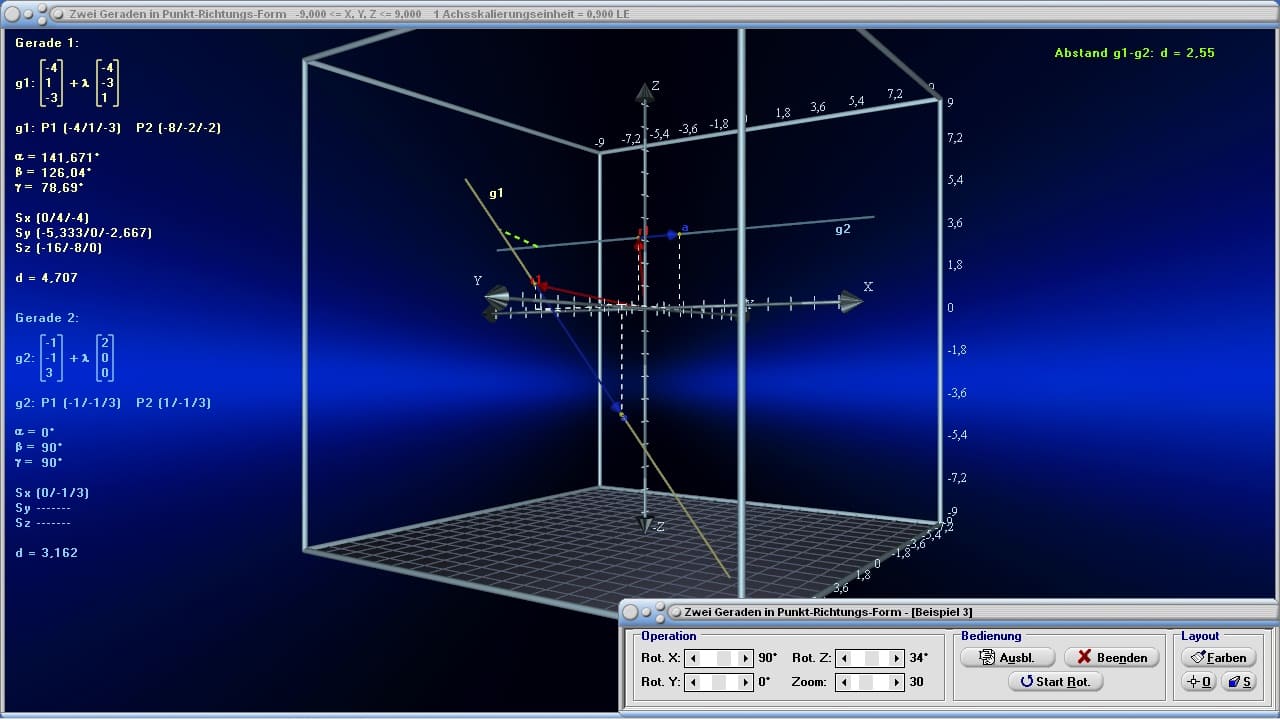 Geraden im Raum - Bild 2 - Gerade - Vektoren - 3D  - Vektordarstellung - Zweipunktegleichung - Geradengleichung - Spurpunkte - Richtungsvektor - Ortsvektor - Abstand zweier Geraden - Abstand zweier Punkte - Schnittpunkt zweier Geraden - Raum - Schnittwinkel - Verbindungsvektor - Schnittpunkt Gerade-Gerade - Winkel - Abstand - Lot - Gleichung - Grafik - Raum - Räumlich - Plotter - Rechner - Berechnen - Graph - Beispiel - Zeichnen - Plotten - Darstellen