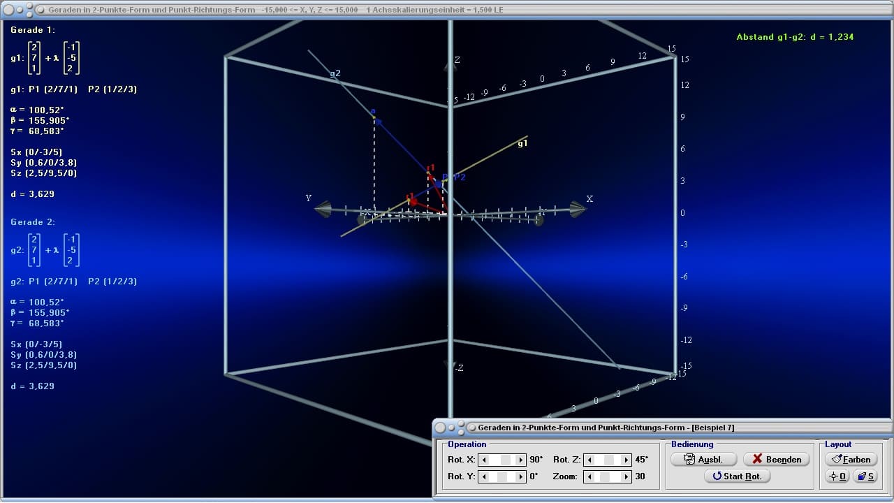 Geraden im Raum - Bild 1 - Geraden im Raum - 3D  - Windschiefe Geraden - Schnittwinkel - Parameterdarstellung - Parameterform - Geradengleichung - Punkt-Richtungsform - Windschiefe Geraden - Schnittpunkt zweier Geraden - Normalabstand - Bild - Darstellen - Plotten - Graph - Rechner - Berechnen - Grafik - Zeichnen - Plotter