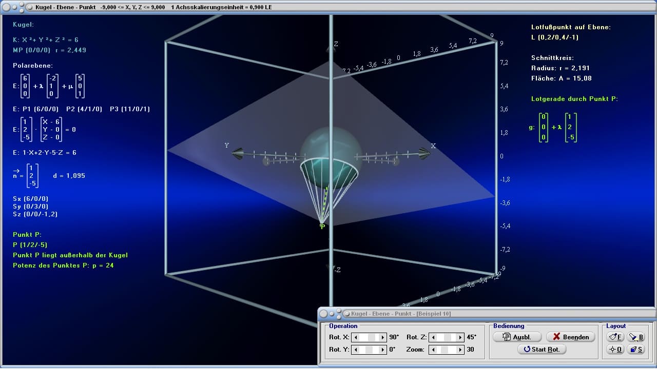 Kugel - Ebene - Punkt - Bild 1 - Graph - Rechner - Berechnen - Grafik - Zeichnen - Plotter