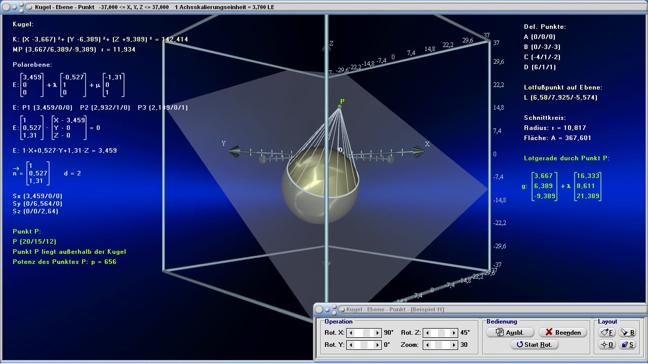 Kugel - Ebene - Punkt - Bild 2 - Abstand - Distanz - Tangentialebene - Tangentialkegel - Schnittkreis - Gleichung - Schnittkreis Kugel Ebene - Schnittebene - Polarebene -   Kugelgleichungen - Spiegelung - Darstellen - Plotten - Graph - Rechner - Berechnen - Grafik - Zeichnen - Plotter