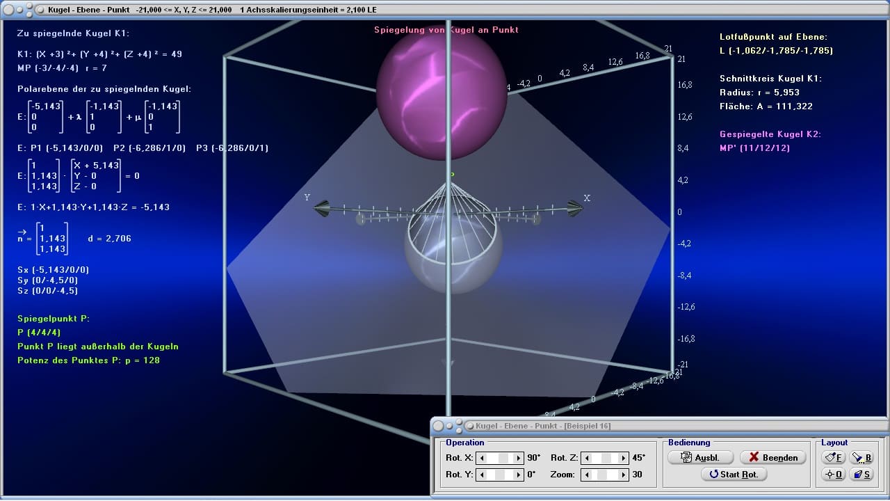 Kugel - Ebene - Punkt - Bild 3 - Spiegelung - Spiegeln - Tangentialkegel - Schnittkreis - Darstellen - Plotten - Graph - Rechner - Berechnen - Grafik - Zeichnen - Plotter