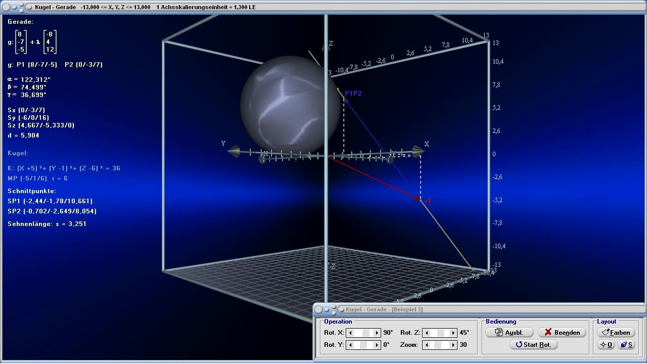 Kugel und Gerade - Bild 1 - Schnittpunkt - Abstand - Lagebeziehung - Lage - Kugelgleichung - Schnittpunkte - Kugel durch 4 Punkte - Abstand Kugel-Gerade - Richtungswinkel - Darstellen - Plotten - Graph - Rechner - Berechnen - Grafik - Zeichnen - Plotter