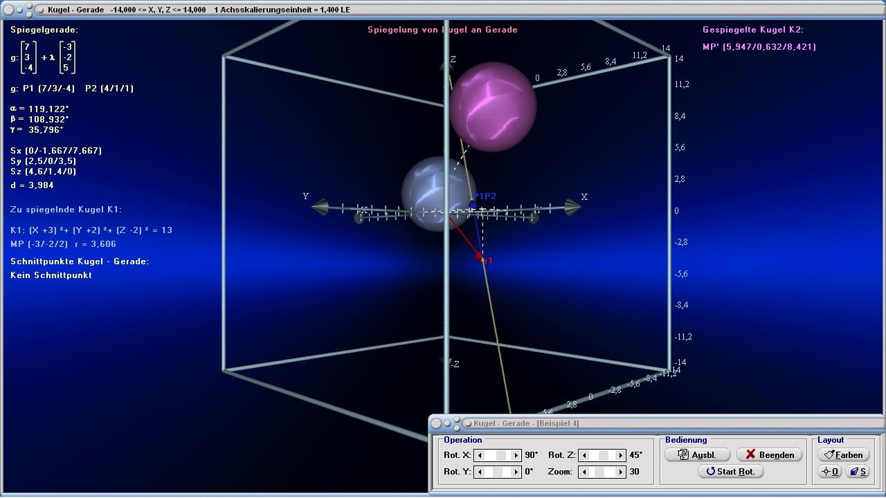 Kugel und Gerade - Bild 2 - Punktrichtungsform - Eigenschaften - Kugelgleichung - Raum - Mittelpunkt - Zweipunkteform - Berührpunkt - Durchstoßpunkt - Spiegeln - R3 - Spiegelung - Schnittpunkte - Darstellen - Plotten - Graph - Rechner - Berechnen - Grafik - Zeichnen - Plotter