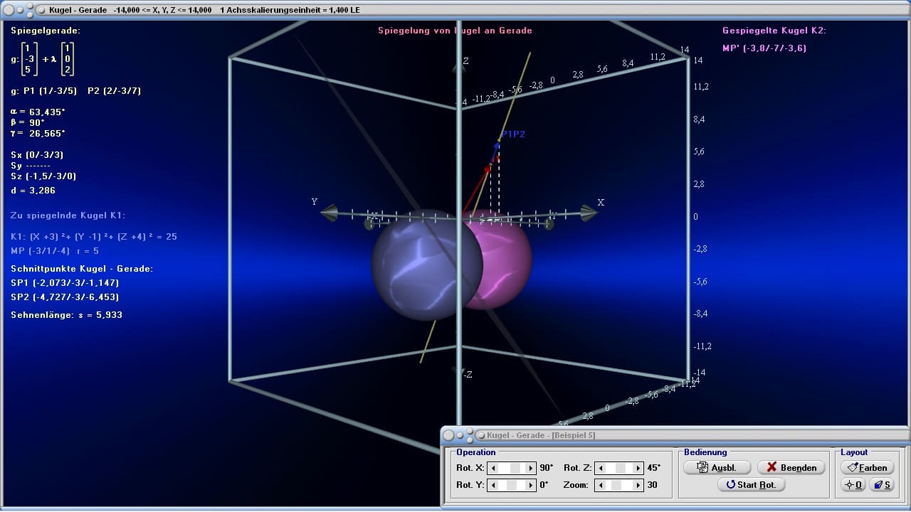 Kugel und Gerade - Bild 3 - Schnittpunkt - Abstand - Lagebeziehung - Lage - Kugelgleichung - Schnittpunkte - Kugel durch 4 Punkte - Abstand Kugel-Gerade - Richtungswinkel - Darstellen - Plotten - Graph - Rechner - Berechnen - Grafik - Zeichnen - Plotter