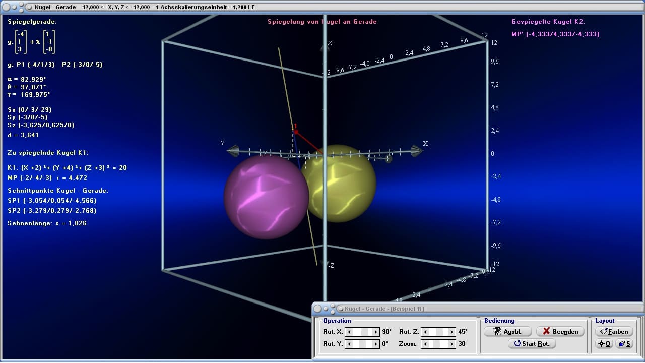 Kugel und Gerade - Bild 4 - Punktrichtungsform - Eigenschaften - Kugelgleichung - Raum - Mittelpunkt - Zweipunkteform - Berührpunkt - Durchstoßpunkt - Spiegeln - R3 - Spiegelung - Schnittpunkte - Darstellen - Plotten - Graph - Rechner - Berechnen - Grafik - Zeichnen - Plotter