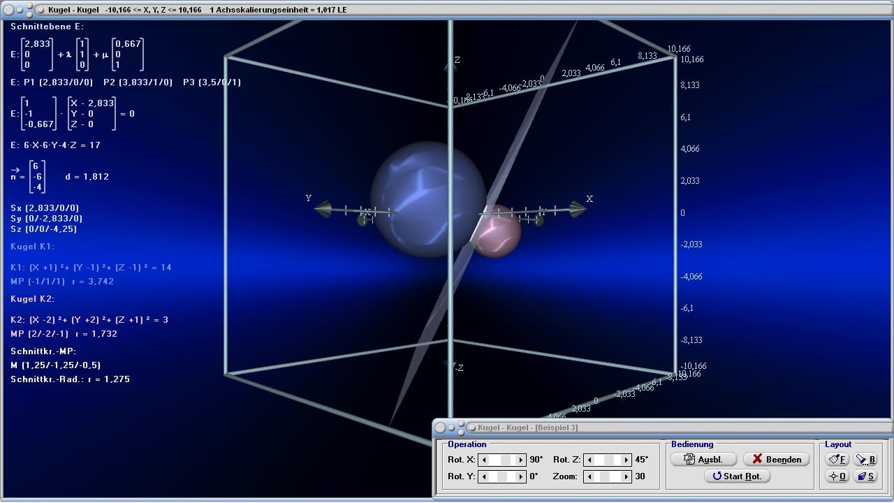 Kugeln - Bild 1 - Berührpunkt - Kugel berechnen - Potenzebene einer Kugel - Lage zweier Kugeln - Formel - Schnitt zweier Kugeln - Gegenseitige Lage von Kugeln - Kugelgleichungen - Kugelberechnung - Plotten - Graph - Rechner - Berechnen - Grafik - Zeichnen - Plotter
