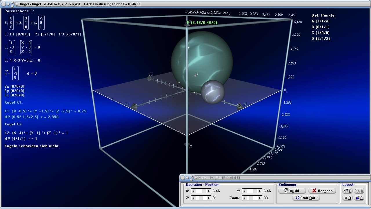 Kugeln - Bild 2 - Kugelschnitt - Kugelgleichung im Raum - Dreidimensional - 3D - Bild - Grafik - Darstellung - Berechnung - Berechnen - Rechner - Formeln - Plotten - Graph - Gleichung - Darstellen - Lage Kugel Kugel - Plotten 
