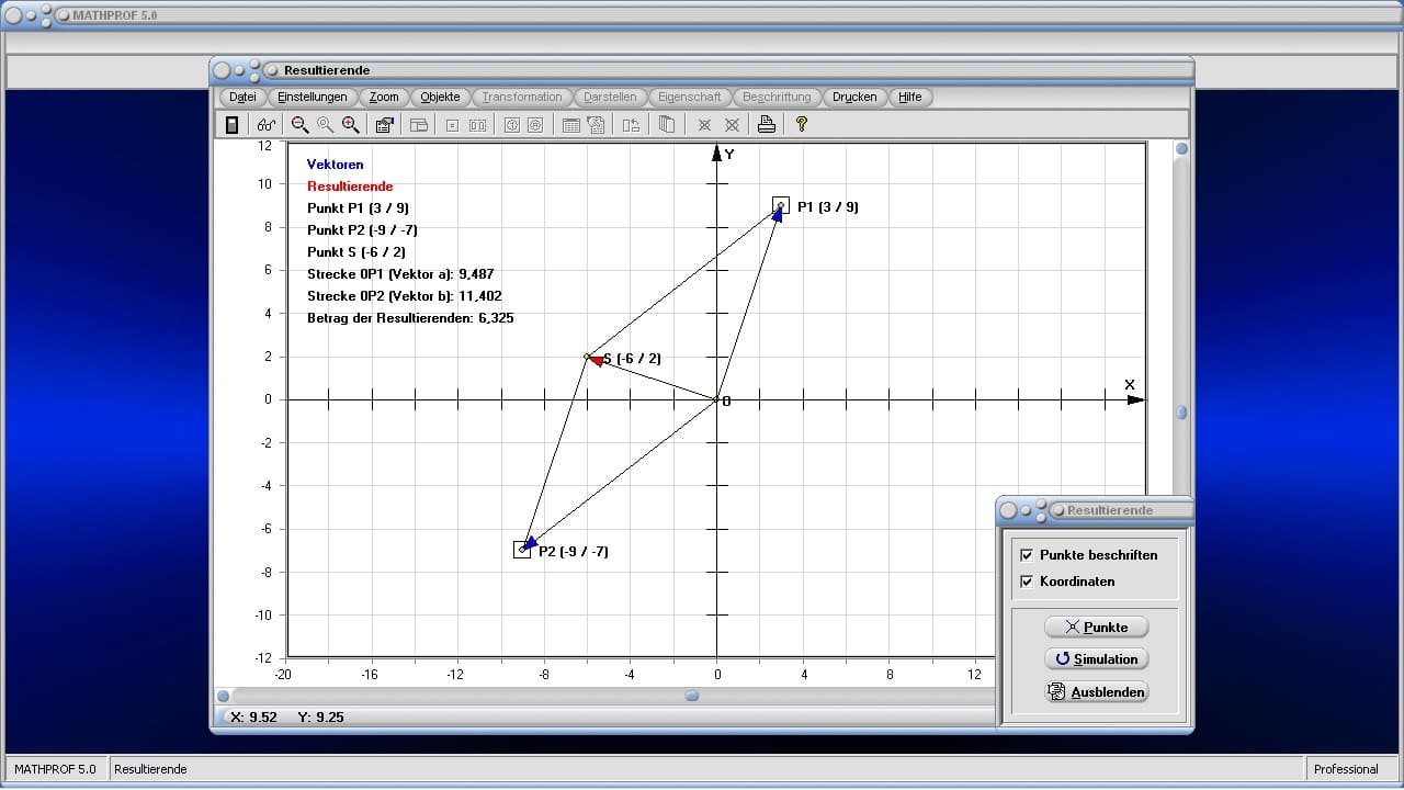 Resultierende - Bild 1 - Vektoroperationen - Vektorrechner - Resultierende zweier Vektoren - Resultierende Kraft - Betrag eines Vektors - Länge einer Strecke - Länge eines Vektors - Vektorlänge - Vektoren - Parallelogramm - Parallelogrammregel - Darstellen - Plotten - Graph - Rechner - Berechnen - Grafik - Zeichnen - Plotter