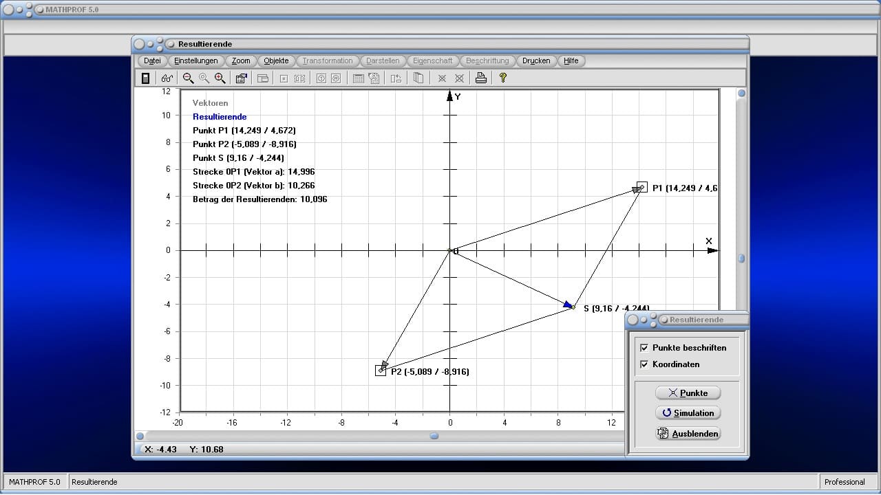 Resultierende - Bild 2 - Vektorzerlegung - Vektorbetrag - Zeichnen - Graph - Grafisch - Bilder - Darstellung - Richtung - Berechnen - Darstellen - Rechner - Plotten - Zerlegung von Vektoren - Resultierende berechnen - Summenvektor
