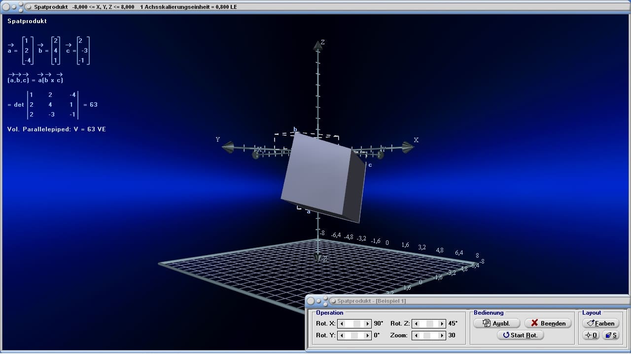 Spatprodukt - Spat - Volumen - Spatvolumen - Vektorrechnung - Parallelepiped - Gemischtes Produkt  - Vektoren - Betrag - Formel - Eigenschaften - Gleichung - Grafisch - Bilder - Darstellen - Plotten - Graph - Rechner - Berechnen - Grafik - Zeichnen - Plotter