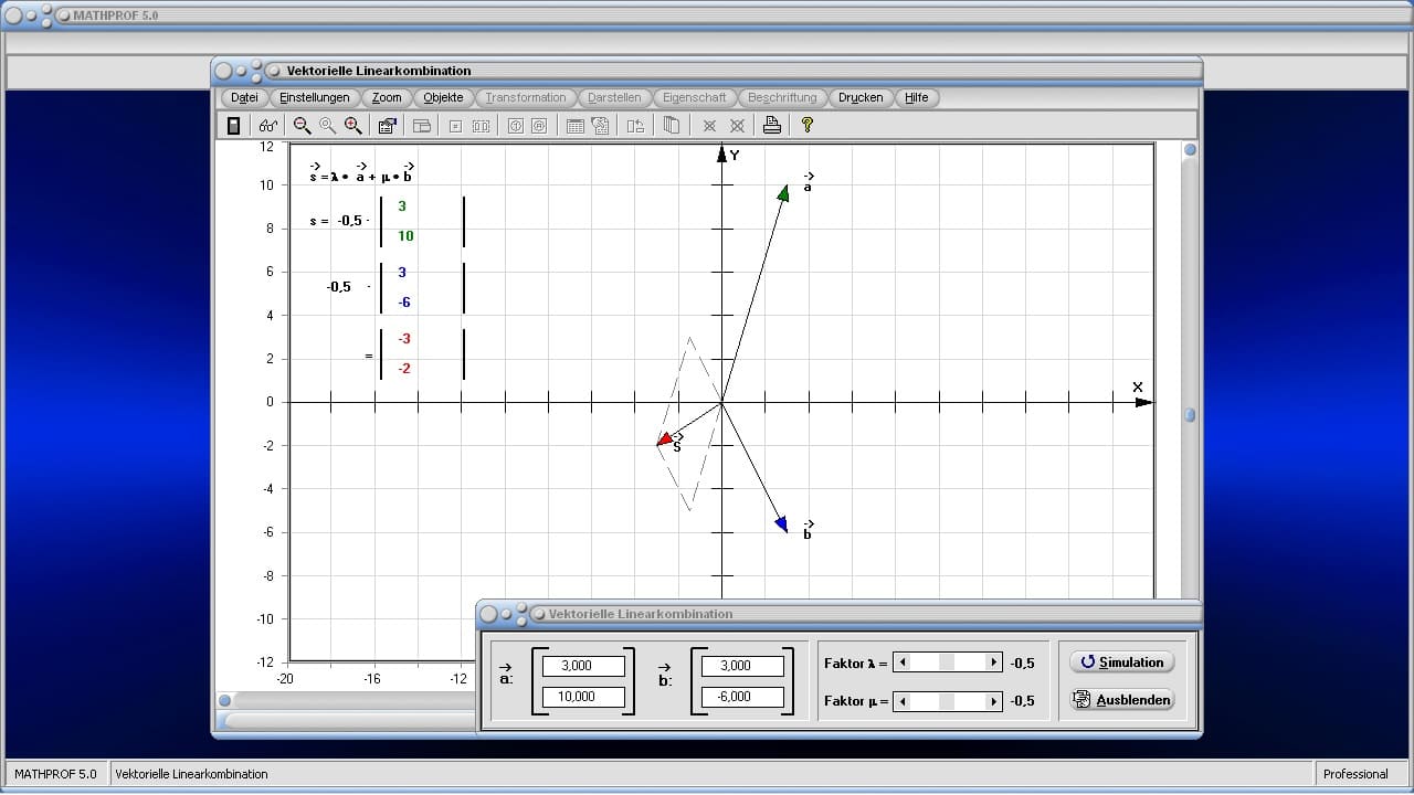 Vektorielle Linearkombination - Bild 1 - Linearkombination - Linearkombination von Vektoren - Vektorberechnung - Multiplikation von Vektoren mit einem Skalar - Lineare Kombinationen - Skalarmultiplikation - Linear abhängige Vektoren - Grafik - Vektoren - Ortsvektoren - Graph - Skalar - Zeichnen - Plotter - Darstellen - Rechner - Berechnen