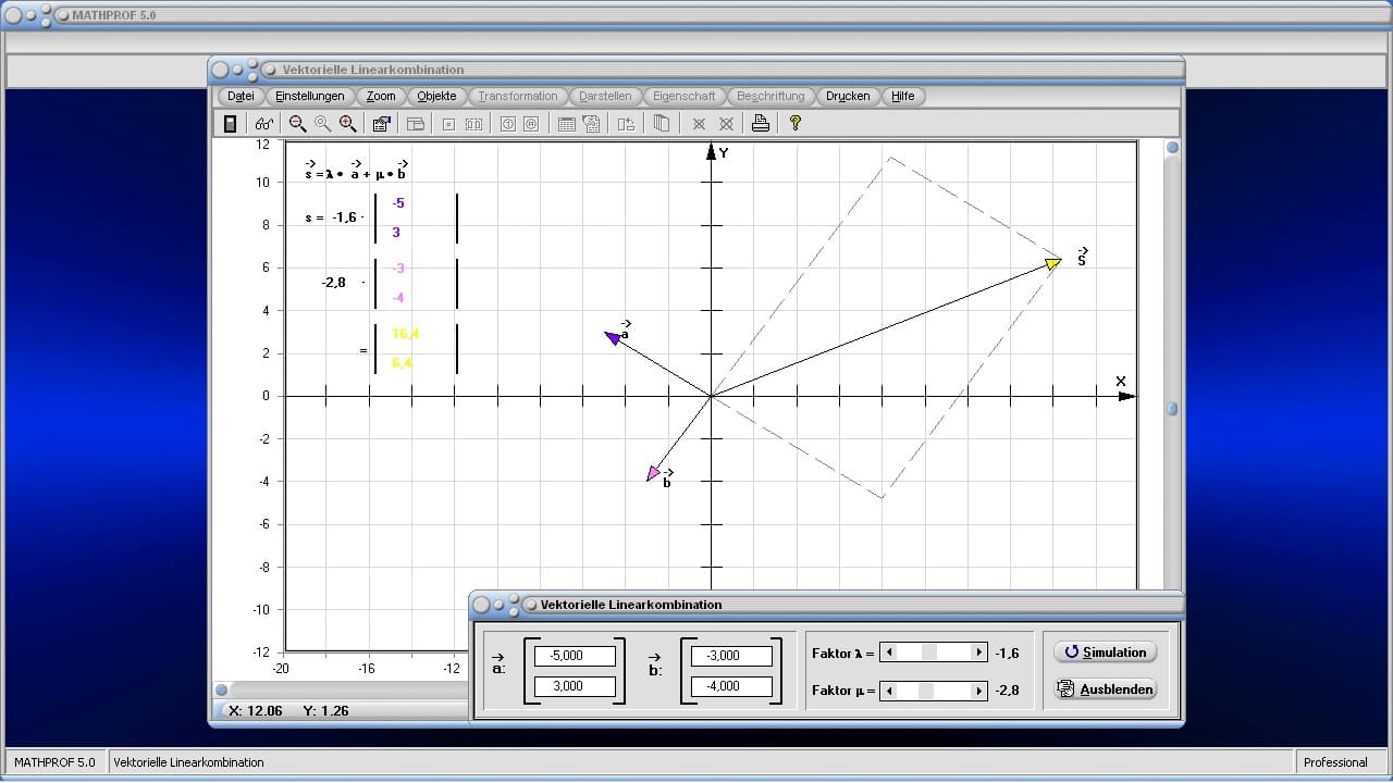 Vektorielle Linearkombination - Bild 2 - Linear abhängige Vektoren - Grafik - Vektoren - Ortsvektor - Graph - Skalar - Parameter - Zeichnen - Rechner - Berechnen - Grafisch - Bilder - Darstellung - Berechnung - Darstellen - Lineare Abhängigkeit 