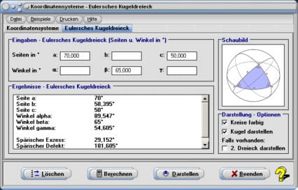 MathProf - Kugeldreieck - Eulersches Kugeldreieck - Koordinatentransformation - Winkelsumme - Formel - Innenwinkel - Innenwinkelsumme - Berechnen - Zeichnen 