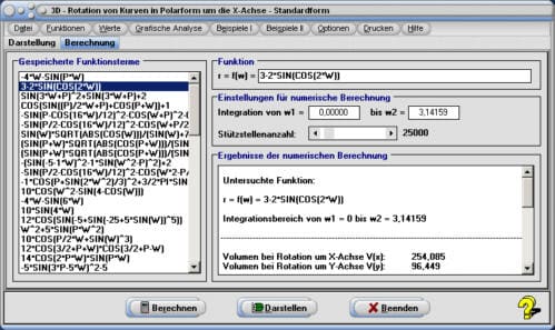 MathProf - Rotationskörper - Polarform - Polar - Polarkorrdinaten - Darstellen - Guldinsche Regel - Integral - Mantelfläche - Oberfläche - Plotten - Programm - Schwerpunkt - Volumenschwerpunkt - Beispiel - Volumenintegral - Integralrechnung - Volumen - Rotationsvolumen - Rotation um x-Achse - 3D-Grafik - 3D-Plotter - 3D-Plot - Rotationskörper - Graph - Grafik - Zeichnen - Plotter - Rechner - Berechnen - Schaubild