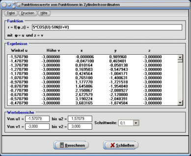 MathProf - Zylinderkoordinaten - Funktionen - Flächen - Tabelle - Werte - Wertetabelle