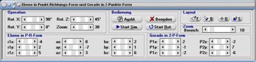MathProf - Ebene - Senkrecht - Senkrecht zueinander - Schnittpunkte mit Koordinatenachsen - Darstellungsarten - Darstellungsformen - Formel - Spurpunkte - R3 - Gemeinsame Punkte - Schnittwinkel von Ebene und Gerade - Rechner - Berechnen - Zeichnen