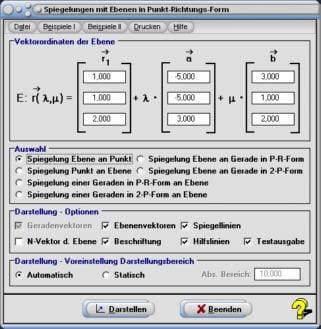 MathProf - Ebenengleichung - Parametergleichung - Spiegelung - Spiegeln - Spiegelpunkt - Spiegelgerade - Spiegelebene - Gespiegelt - Schnittpunkt Gerade Ebene - Parameterform - Raum - Lagebeziehung - Abstand Ebene Gerade - Vektorgeometrie - Ebene in Parameterform - Ebene in Parameterdarstellung - Punktrichtungsgleichung - Rechner - Berechnen - Zeichnen
