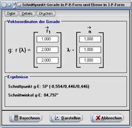 MathProf - Ebene - Gerade - Schnittpunkt - Schnittwinkel - Lagebeziehung - Abstand - Rechner - Berechnen - Berechnung - Zeichnen