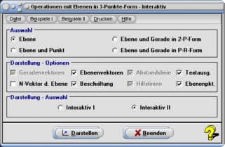 MathProf - Ebene bilden - Gerade - Ebenengleichung in Drei-Punkte-Form - Winkel zwischen Gerade und Ebene - Spurpunkte - Rechner - Berechnen