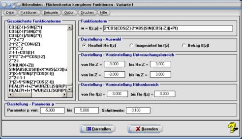 MathProf - Höhenverläufe - Höhenverlauf - Höhe - Niveau - Kontur - Komplex - Berechnen - Rechner - Darstellen - Realteil - Imaginärteil - Betrag - Fläche - Höhenschichtlinie - Höhenlinie